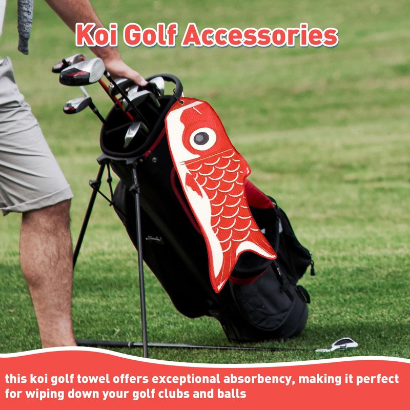 Mindsoft Microfiber Golf Towel Koi Fish Golf Towel with Carabiner Clip Cleaning Cloth & Clubs Koi Pattern Golfs Accessories and Gifts for Men Women(Red)