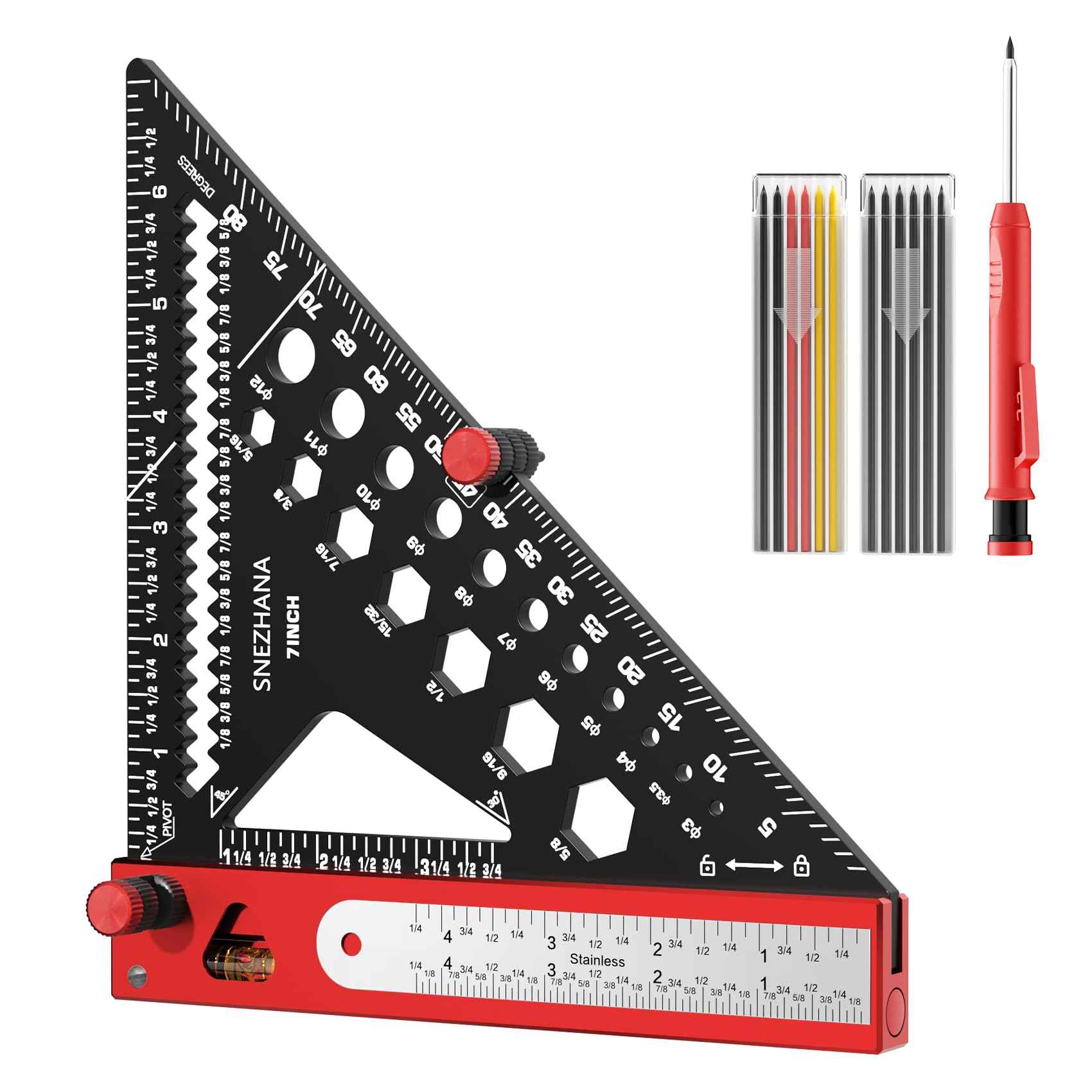 SNEZHANA 7" Rafter Square with Carpenter Pencil and Bubble Level, Multi Purpose Measuring Tool for Precision Woodworking, Roofing, and Framing