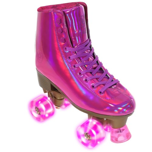 JajaHoho Roller Skates for Women, Magenta Holographic High Top PU Leather Rollerskates, Double-Row Four Hot Pink Fushcia Wheels Quad Skates for Girls Age 8-50 Indoor Outdoor (Plum, Size 7)