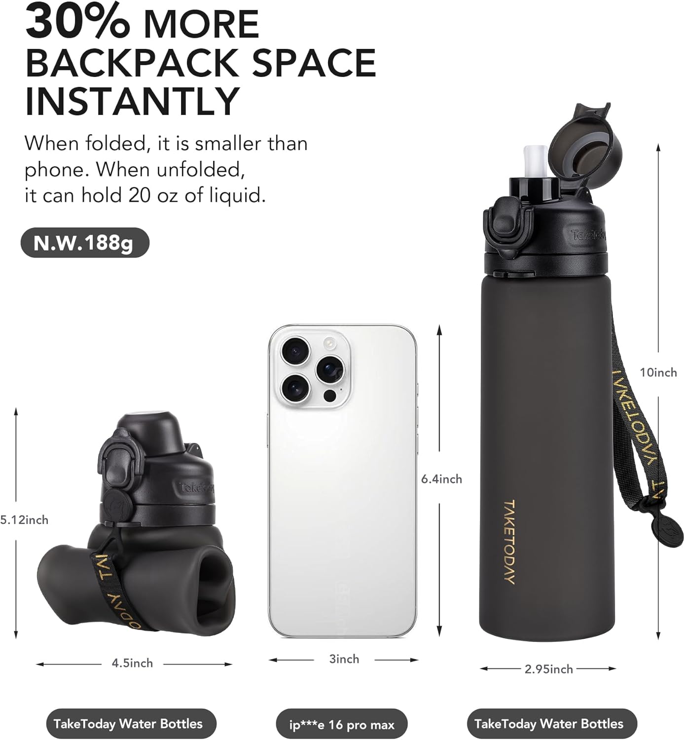 TakeToday Collapsible Water Bottle - 21oz Foldable Platinum Silicone with Straw & Carry Strap | BPA-Free, Leak-Resistant for Travel