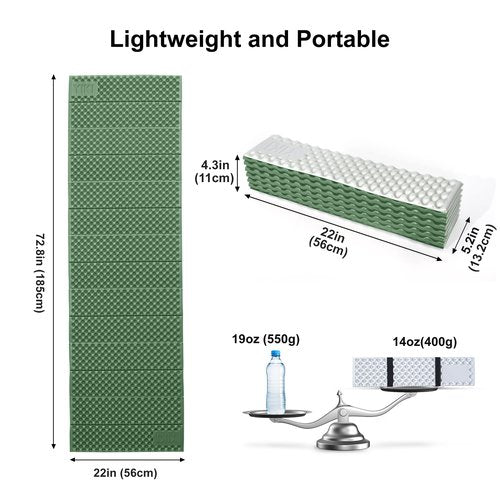 YIKI Closed Cell Foam Sleeping Pad for Camping, 72.8x22 inch, Ultralight Foldable Foam Sleeping Mat with Heat Reflective Layer, Waterproof Backpacking Pad for Hiking, Tent, Outdoor Use, Green