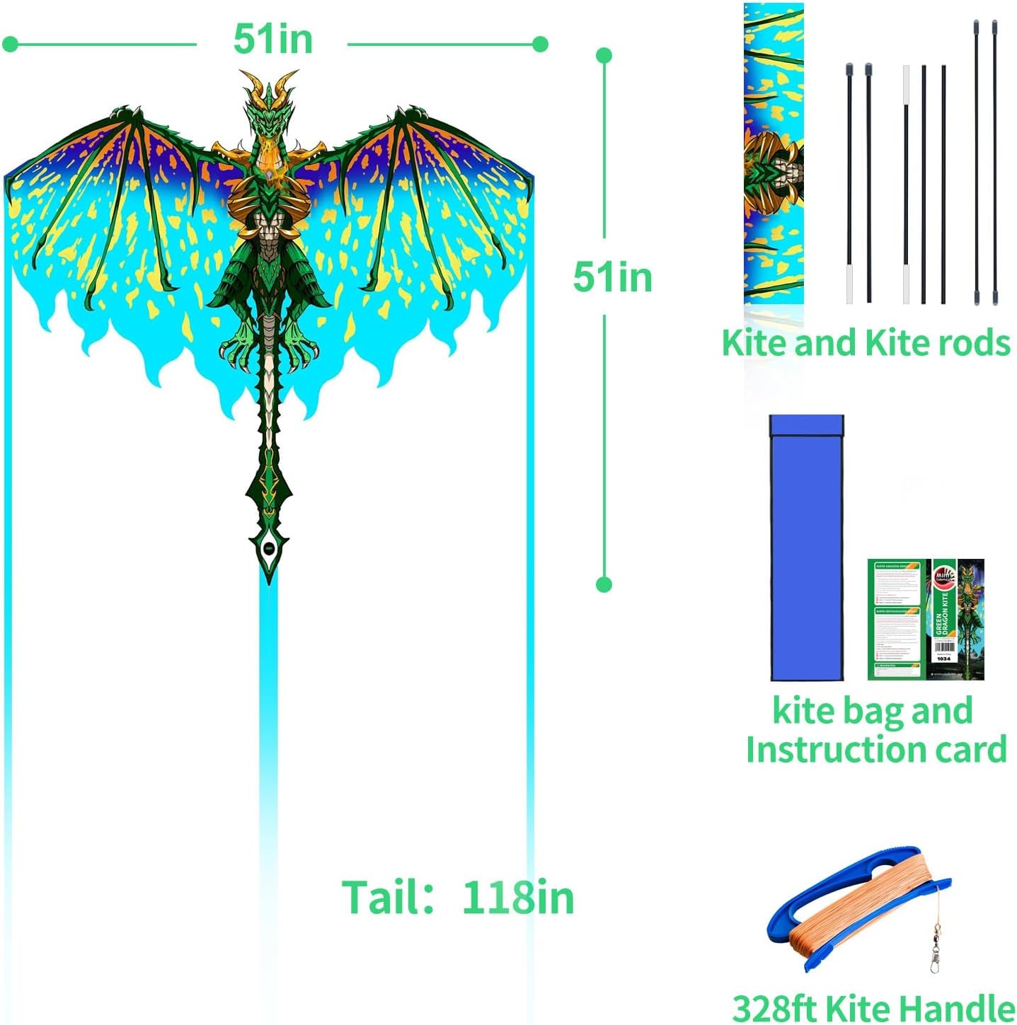 Mint's Colorful Life Dragon Kite - Easy to Fly for Kids & Adults | 300ft Kite String Included