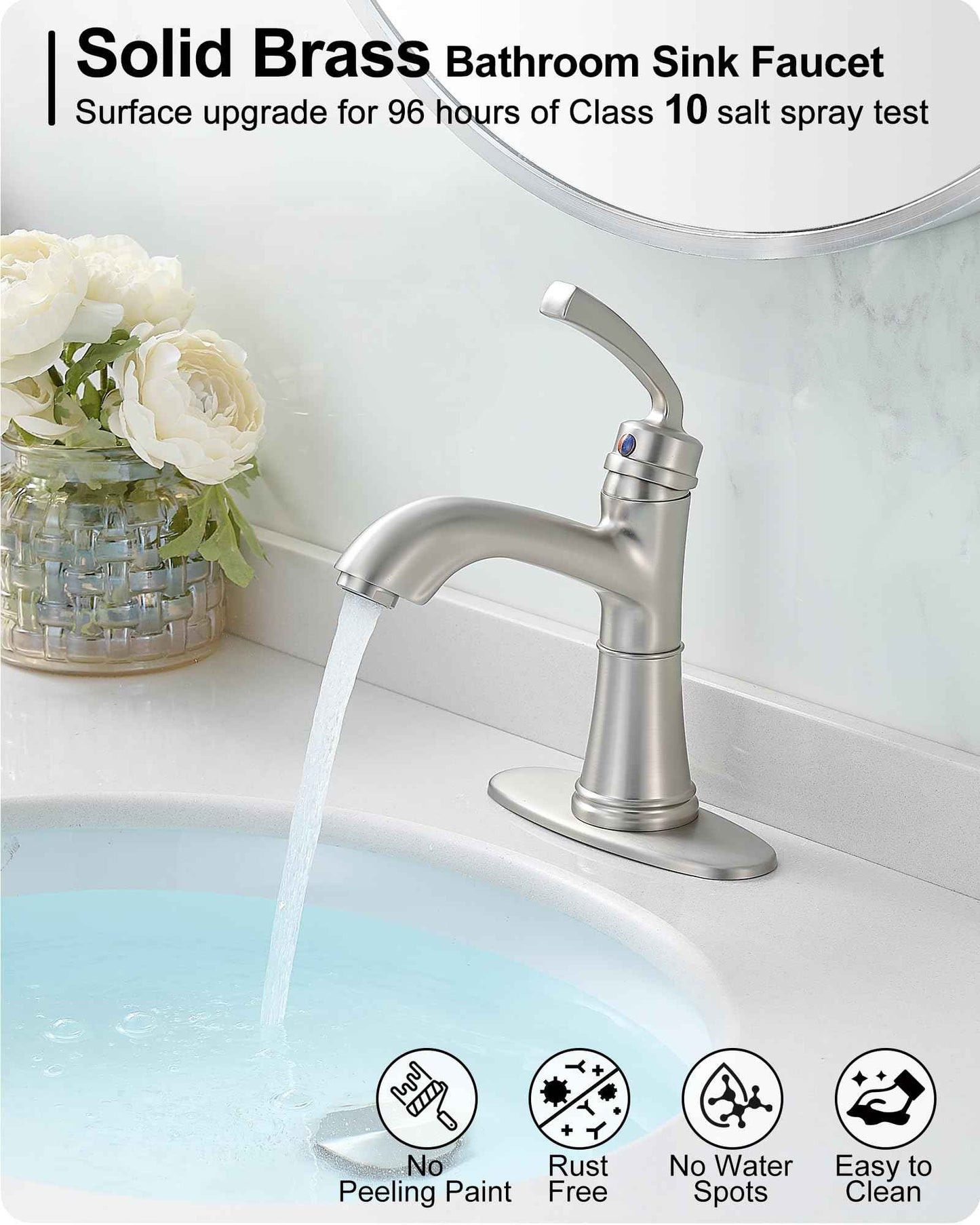 HEYMYTAP Brushed Nickel Bathroom Faucet Single Handle, Brass Bathroom Vanity Faucet 4 Inch Bathroom Sink Faucet 1 Hole or 3 Holes, Bathroom Faucets with Deck Plate & Pop-up Drain, No Noise