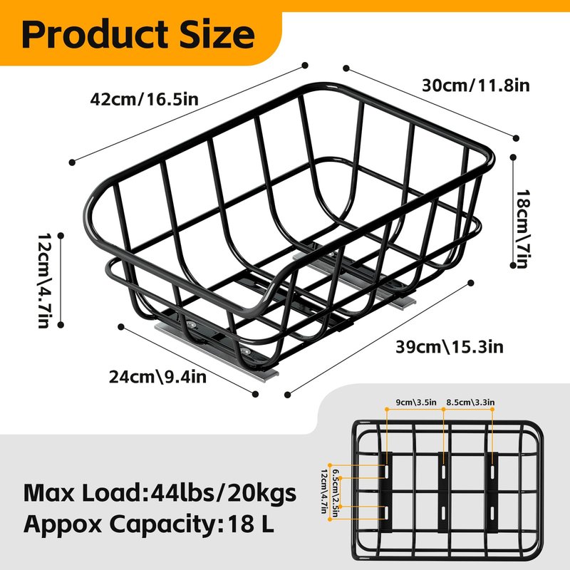 Bike Basket Rear Rack Bike Basket with Cargo Net and Liner Large Bicycle Basket Heavy Duty Bicycle Rear Basket with Liner Waterproof Cover Cargo Net