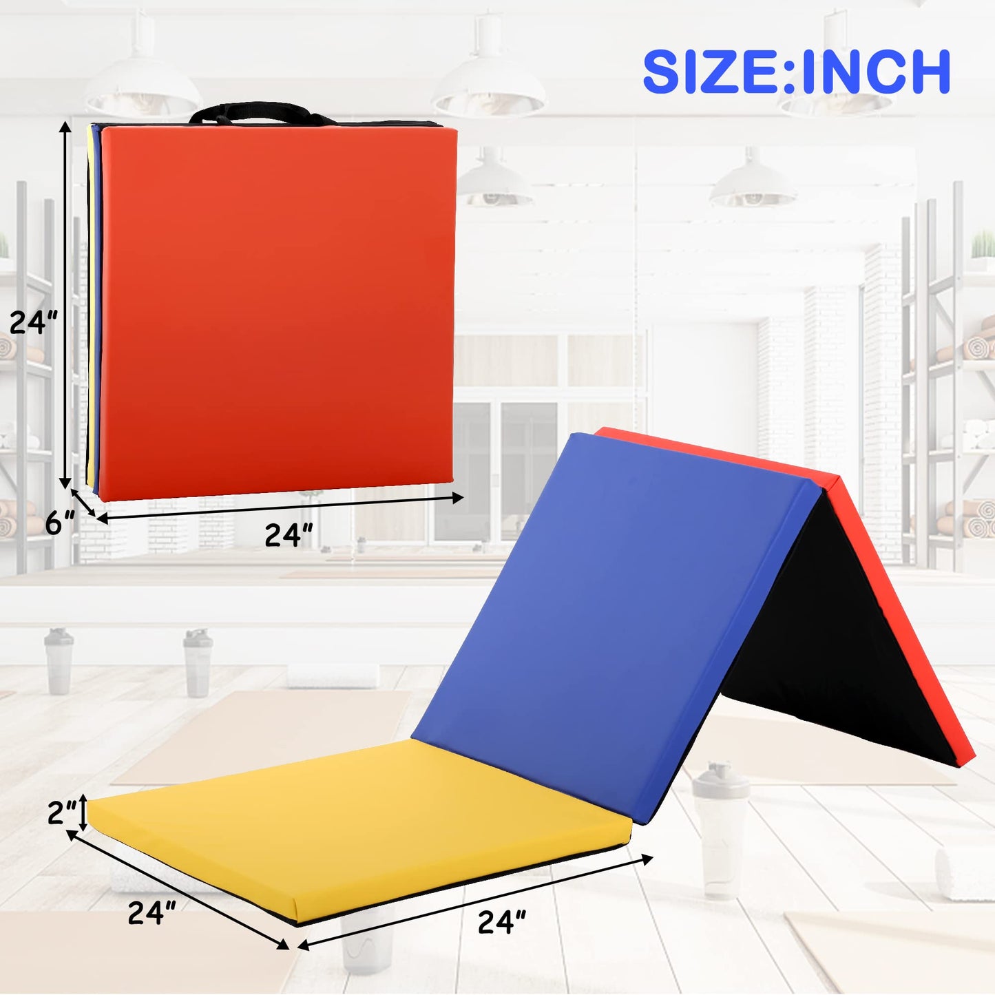Gymnastics Tumbling Mat, 3 Folding Gymnastics Gym Exercise Aerobics Mat, All-Purpose Home Gym Exercise Mat with Handle, Workout Tumbling Mats for Gymnastics for Home Gym, 6'x2'x2” Colorful