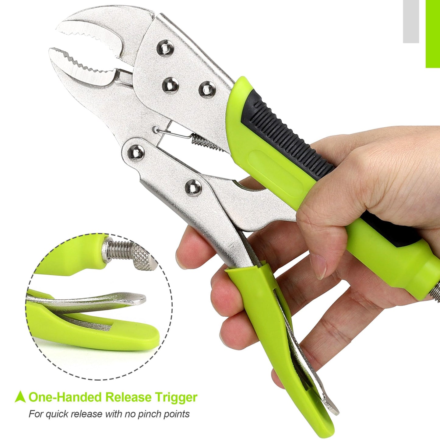 FASTPRO 4-Piece Locking Pliers Set with Heavy Duty Grip, 5", 7" and 10" Curved Jaw, 6-1/2" Long Nose Locking Pliers Included, Vise Grip Wrench Set, Green