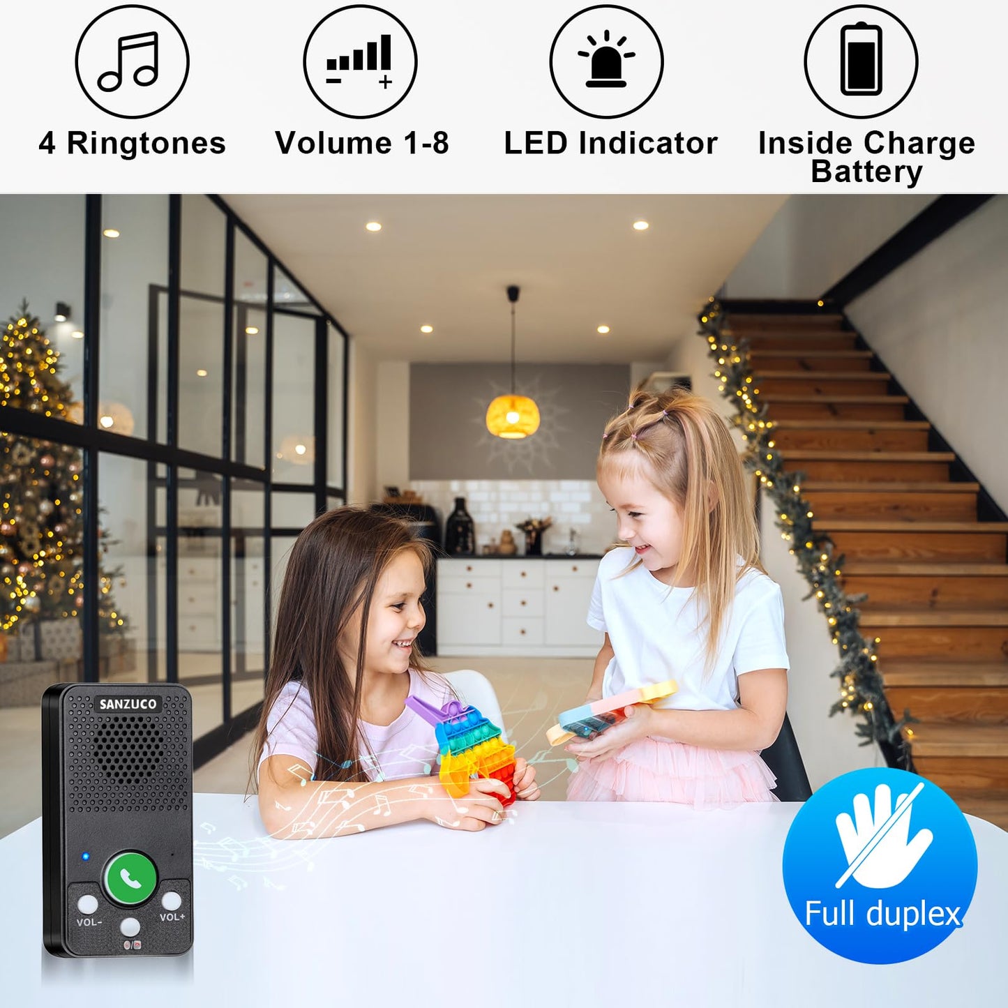 Wireless Doorbell, SANZUCO Doorbells Hands Free Communication, Full Duplex Waterproof Door Bell 1000 Feet Range Rechargeable with 4 Melodies, 8 Volume Levels, 2 Receiver + 2 Transmitter, Black