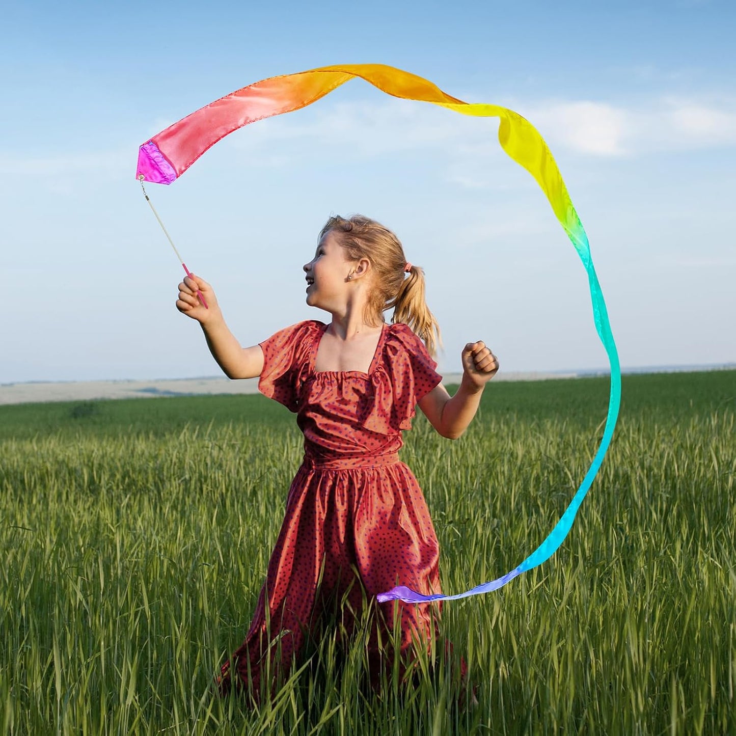 Skiennix 100% Silk Dance Ribbon Twirlers - Colorful Rainbow Play Silks for Kids | Perfect Birthday Gift