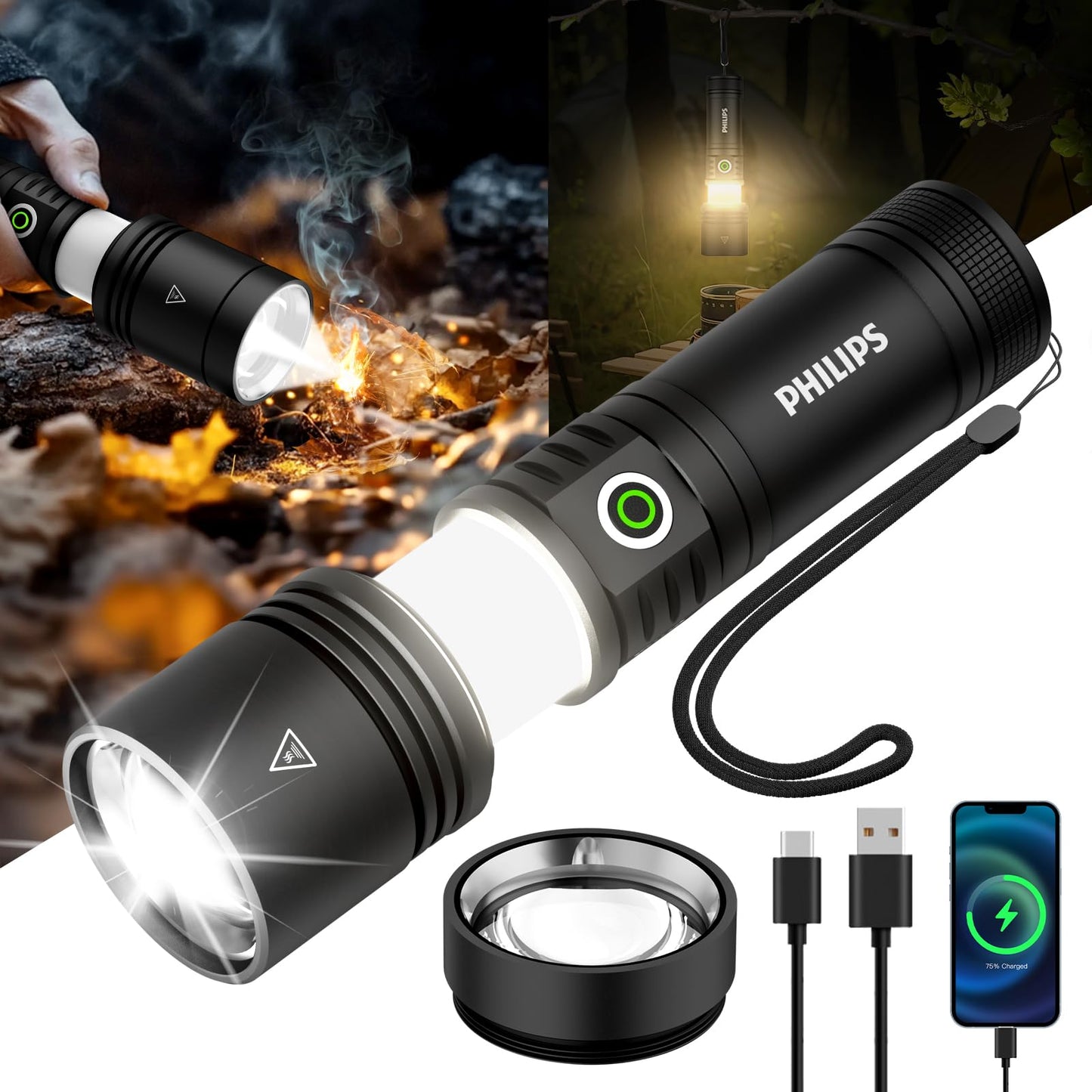 Philips Rechargeable Flashlights High Lumens with Ignition Lens,3000lm Tactical Flashlights with Camping Lamp,2 Colors Zoomable 5Modes Reverse Charging LED Bright Flashlight for Home Outdoor Gift