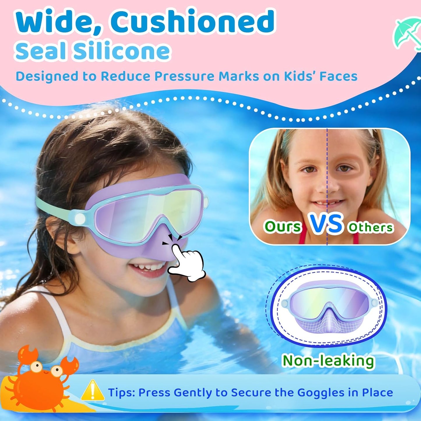 Vvinca Kids Swim Goggles - Anti-Fog UV Protection & Nose Cover | 2 Pack for Ages 3-14