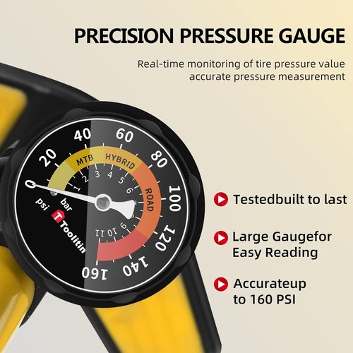 **TOOLITIN Floor Bike Pump - 160 PSI High Pressure with Gauge | Compatible with Presta & Schrader Valves**
