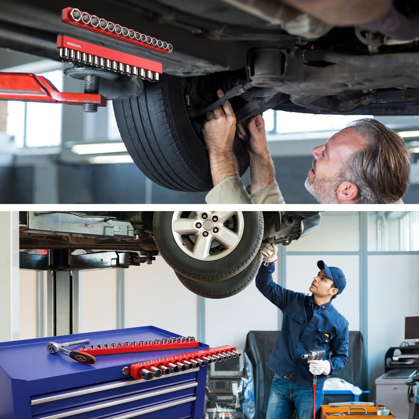 2-Piece 3/8"-Drive Metric Magnetic Socket Organizer Set (Holds 30 Sockets) - Detachable Tool Tray with 5mm Magnetic Base, Screw-Fixed Design & Heavy-Duty Modular Storage for Garage/Home Workshop