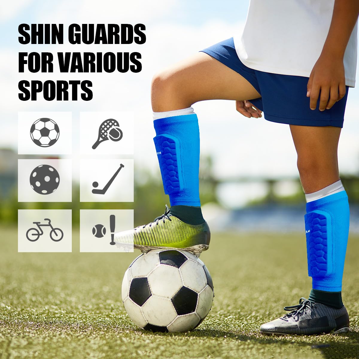 Soccer Shin Guards for Kids Youth Adults, Ski Shin Guards Sleeves for 2-18 Years Old Boys Girls Men, Calf Compression Sleeve with Honeycomb Pads, Espinilleras de Futbol para Hombres (Blue, XS)