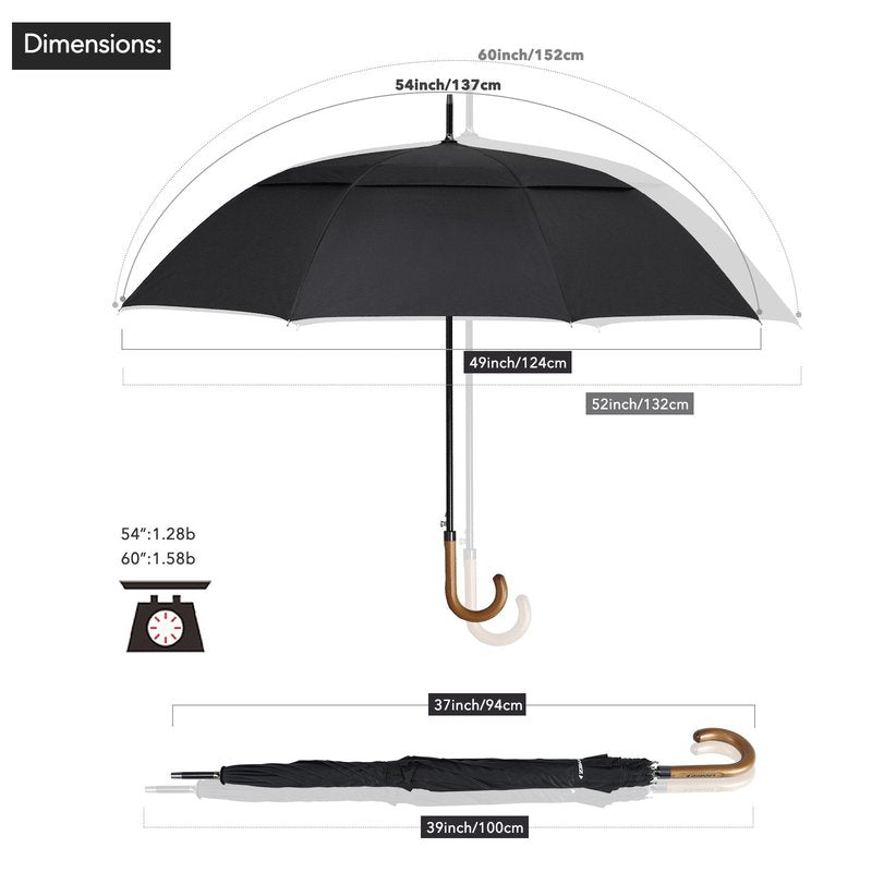 ZEKAR Wooden J-Handle Umbrella, 54/62 inch, Classic Large Windproof Stick Umbrella, Auto Open for Men and Women Golf umbrella (Yellow, 62”)