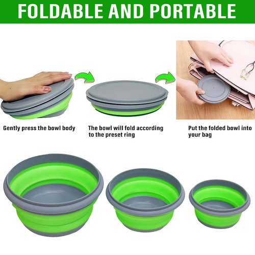Huntoshon Collapsible Bowls, 3pcs Food Grade Silicone Camping Bowl Salad Bowl with lids, Portable Expandable Lunch Box Food Storage Container for Camping Travel and Picnic,Green