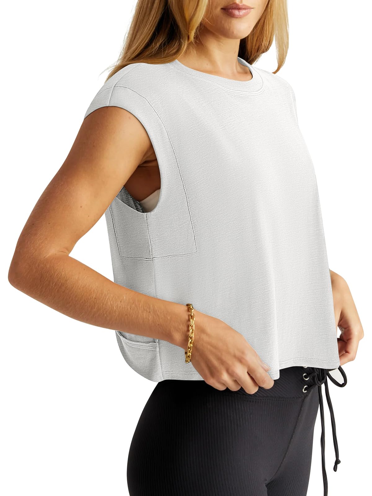 LASLULU Womens Open Back Workout Tops White Short Sleeve Crop Tank Tops 2026 Summer T-Shirts Loose Athletic Yoga Pilates Exercise Running Gym Shirts(White, Small)