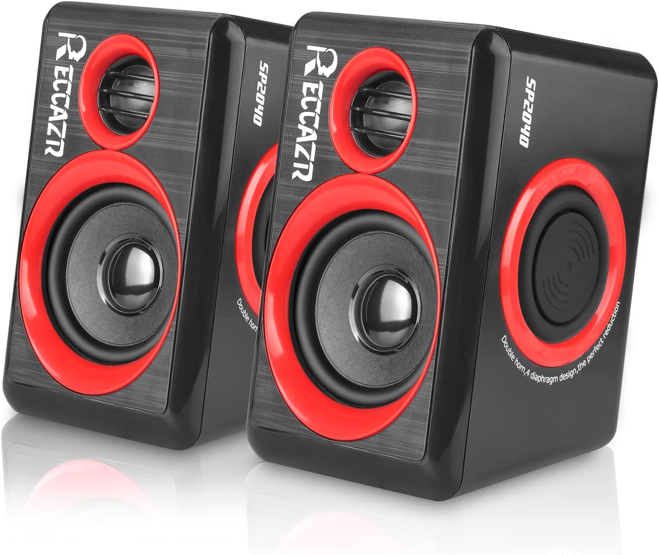 Reccazr SP2040 | 2.0 CH Computer Speakers with Surround Sound & Deep Bass - USB Wired, Red
