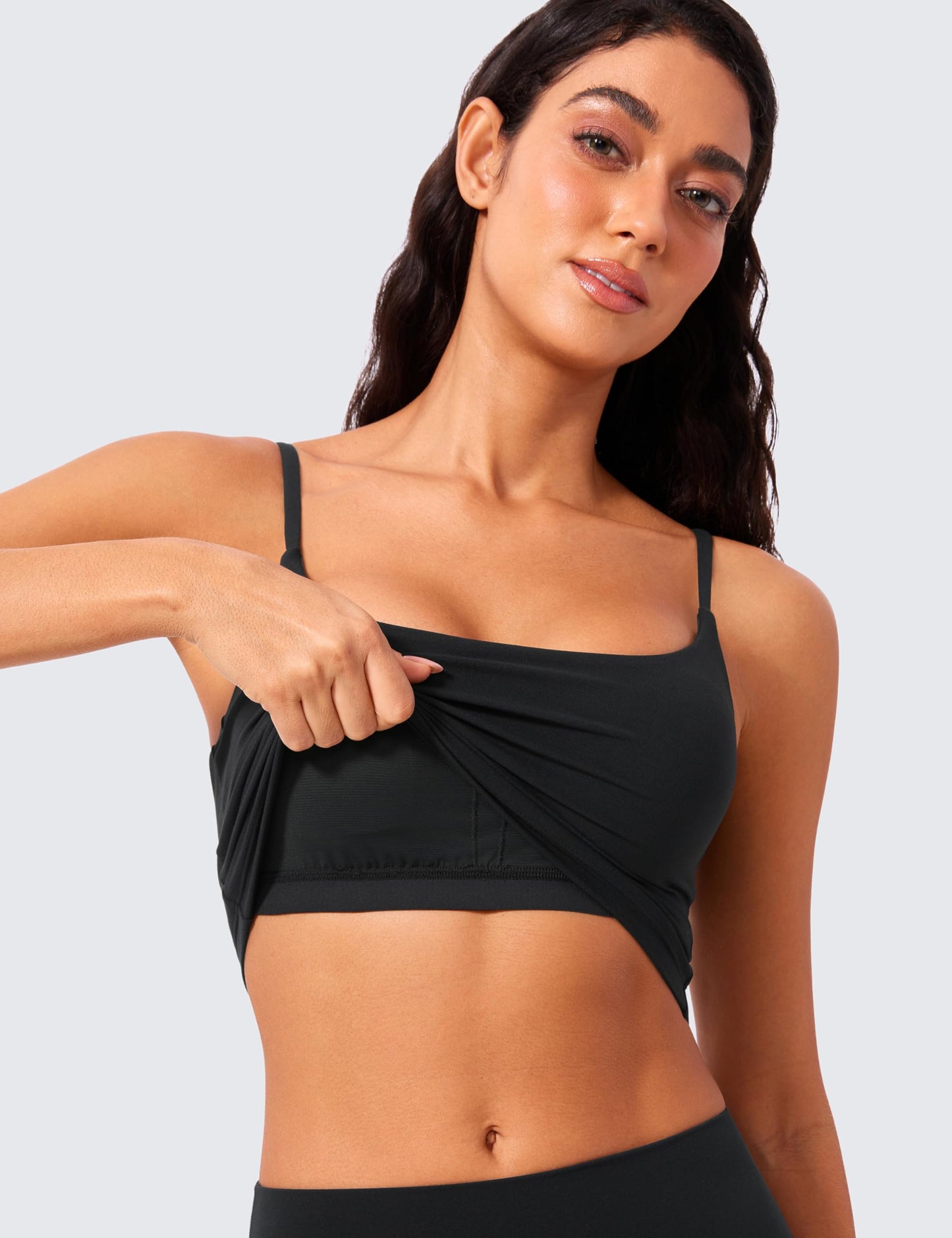 CRZ YOGA Butterlift Adjustable U Back Crop Tank Tops for Women - Padded Camisole Scoop Neck Workout Longline Sports Bras Black Medium