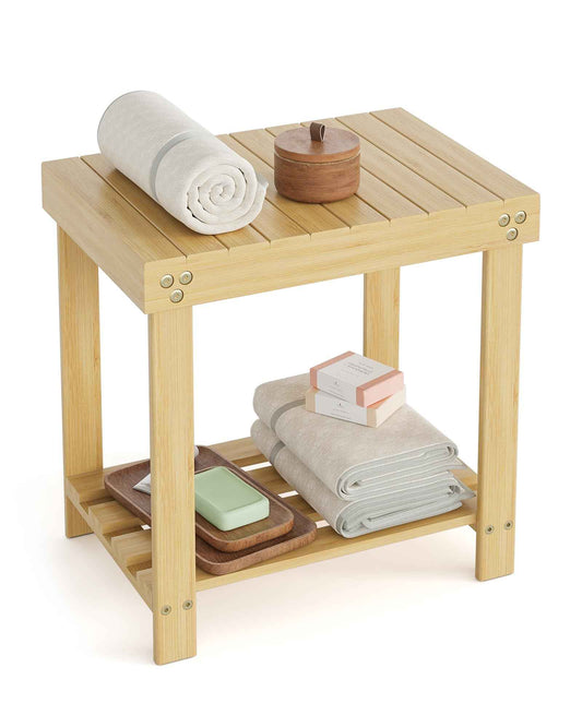 Bamneat Small Bamboo Bathroom Shower Bench with Storage Shelf, Durable Shower Stool for Shaving Legs, Indoor and Outdoor Use, Natural