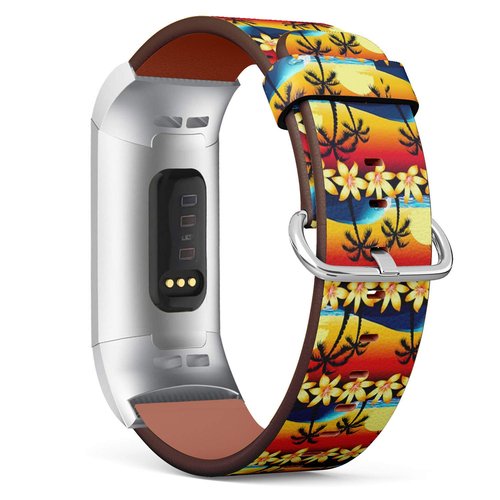 Compatible with Fitbit Charge 3 & 3 SE - Leather Wristband Bracelet Replacement Accessory Band (Includes Adapters) - Tropical Hibiscus Palm Tree Sunset