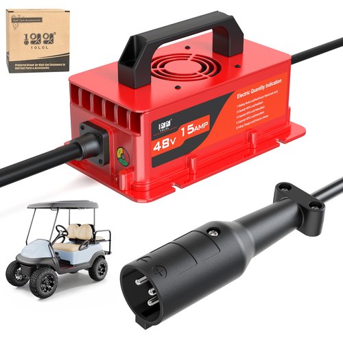 10L0L 48V 15A Golf Cart Rapid Charger for Club Car DS & Precedent, 3-Pin Plug with IP68 Waterproof, Auto Shut-Off, Smart Cooling, Aluminum Housing, Charging Indicator (Red)