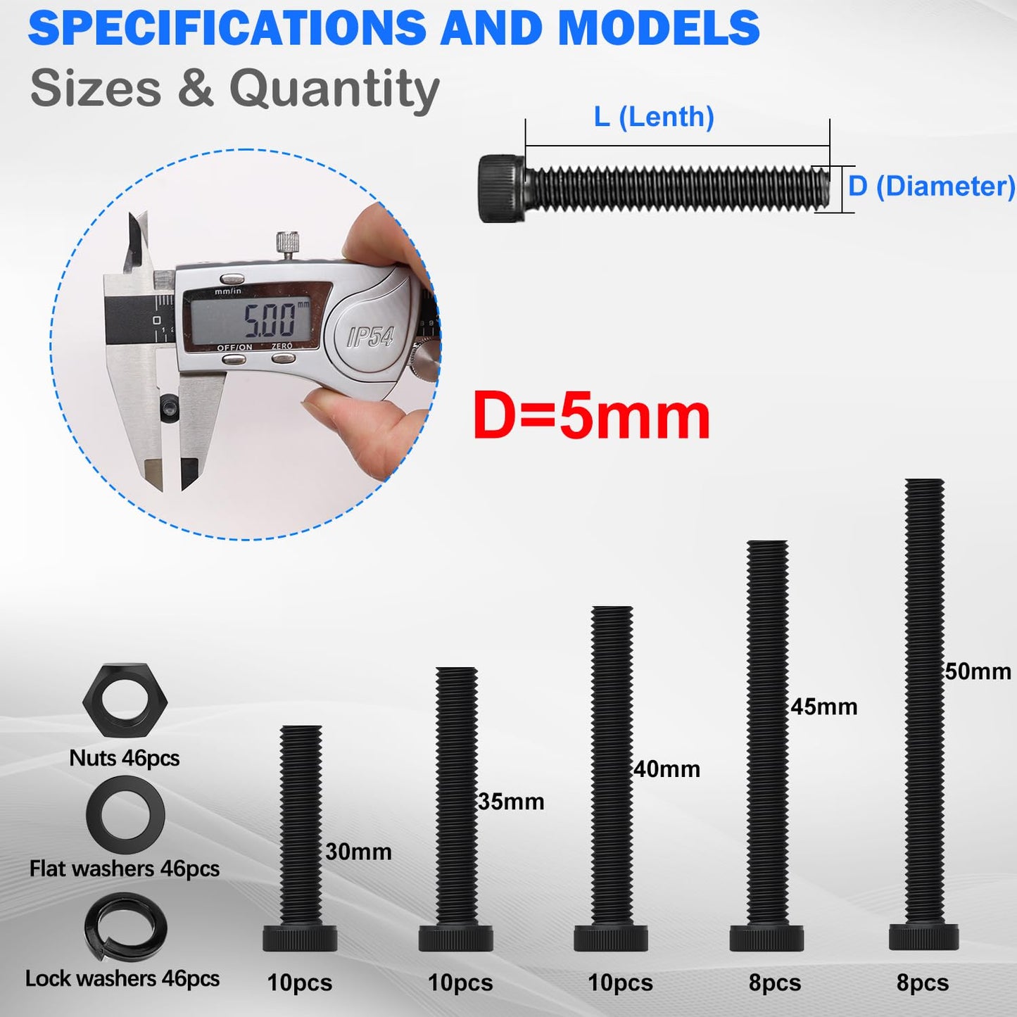 mxuteuk 185PCS M5 Screws Assortment Set, M5 Hex Socket Head Cap Screws Bolts Nuts Kit, 12.9 Grade Alloy Steel Bolts with Hex Wrench