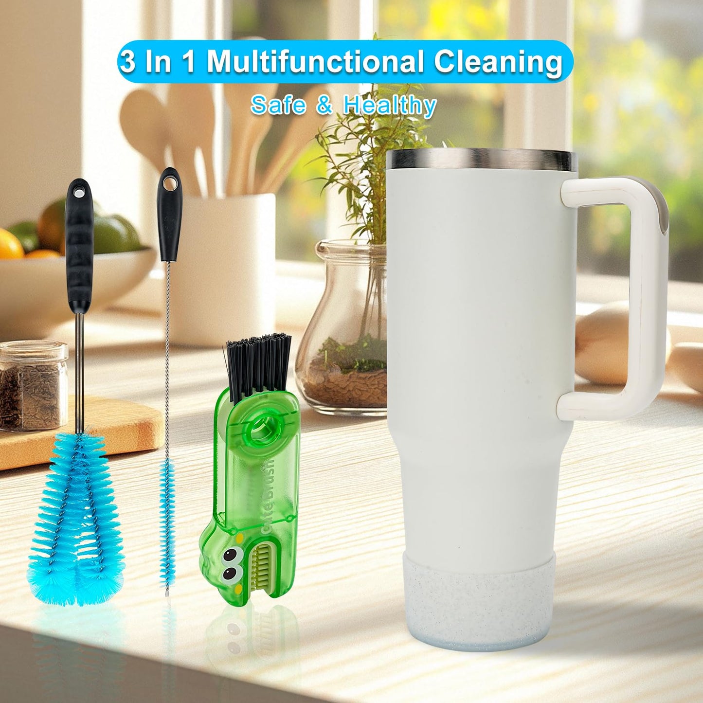 4 Pack Bottle Brush Cleaner Set, Long Reach Water Bottle Brush, Straw Brush and 3-in-1 Multi-Use Cleaner, Compatible with Stanley Cups, Baby Bottles, Travel Mugs, Tumblers, and Straws (Blue)
