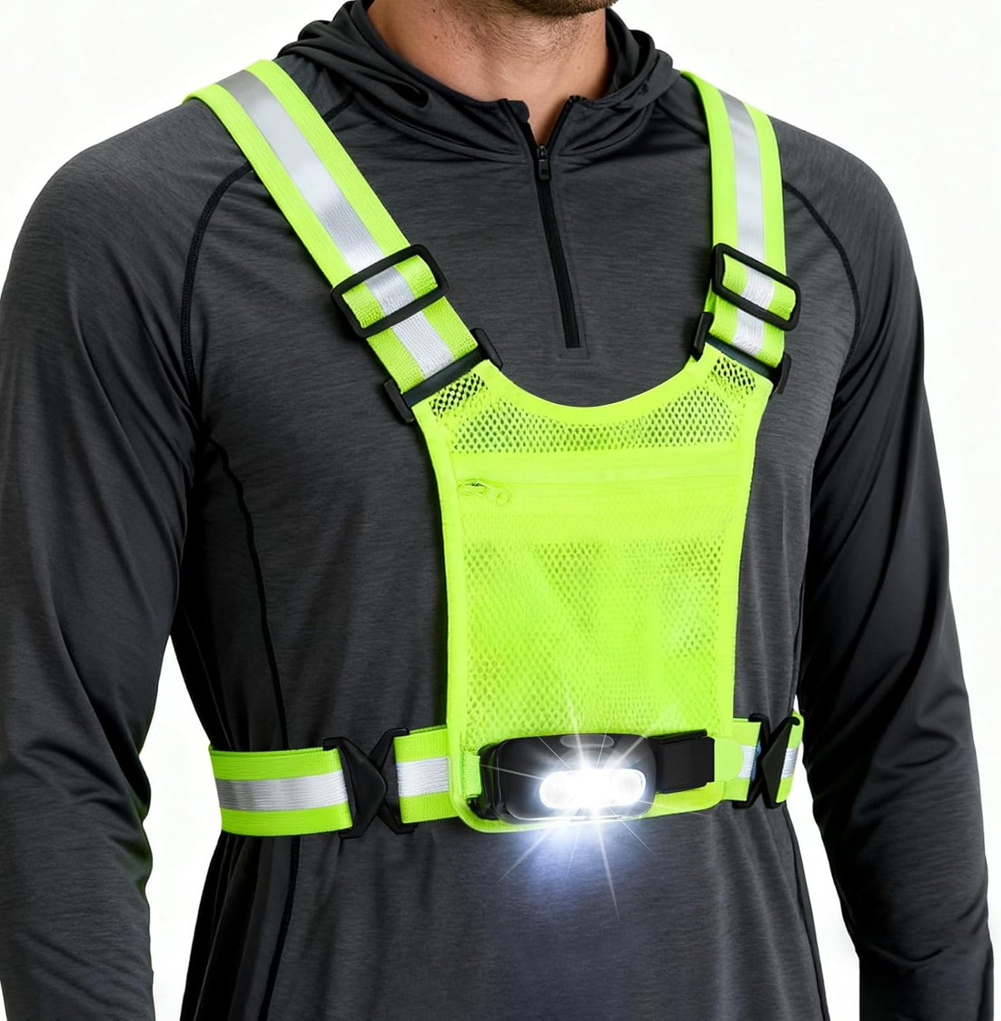 Skiennix Reflective Running Vest - 3-Mode Motion Sensor Lights | 360° Visibility & Storage Pocket (Green)