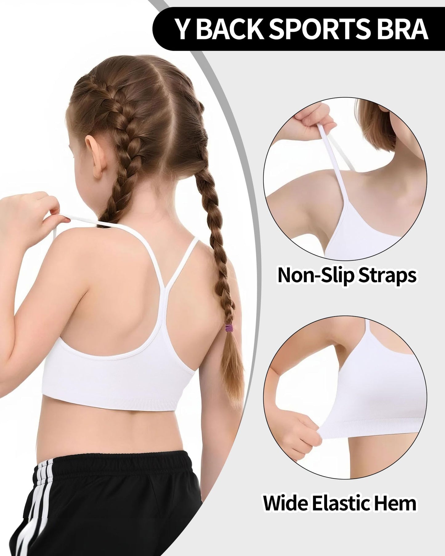 Seamless White Sports Bra for Girls Teens Spaghetti Strap Y-Back Training Bra Comfort Crop Top with Removable Padding