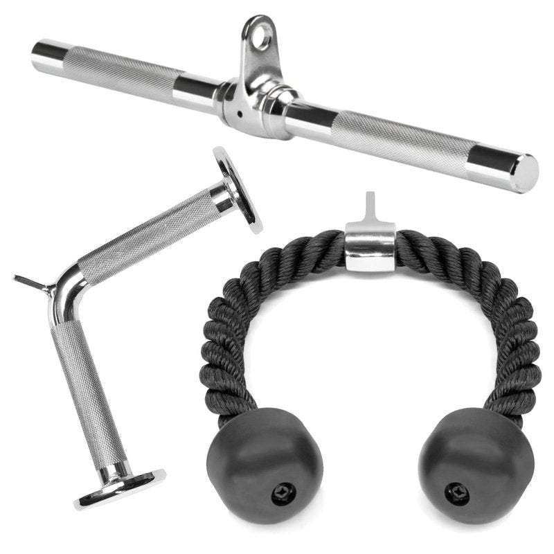 A2ZCARE Combo Cable Attachments for Gym, Cable Machine Accessories, LAT Pull Down Attachment with Multiple Option (D. Combo Tricep Rope, Rotating Bar, V-Bar and 2 Snap Hook)
