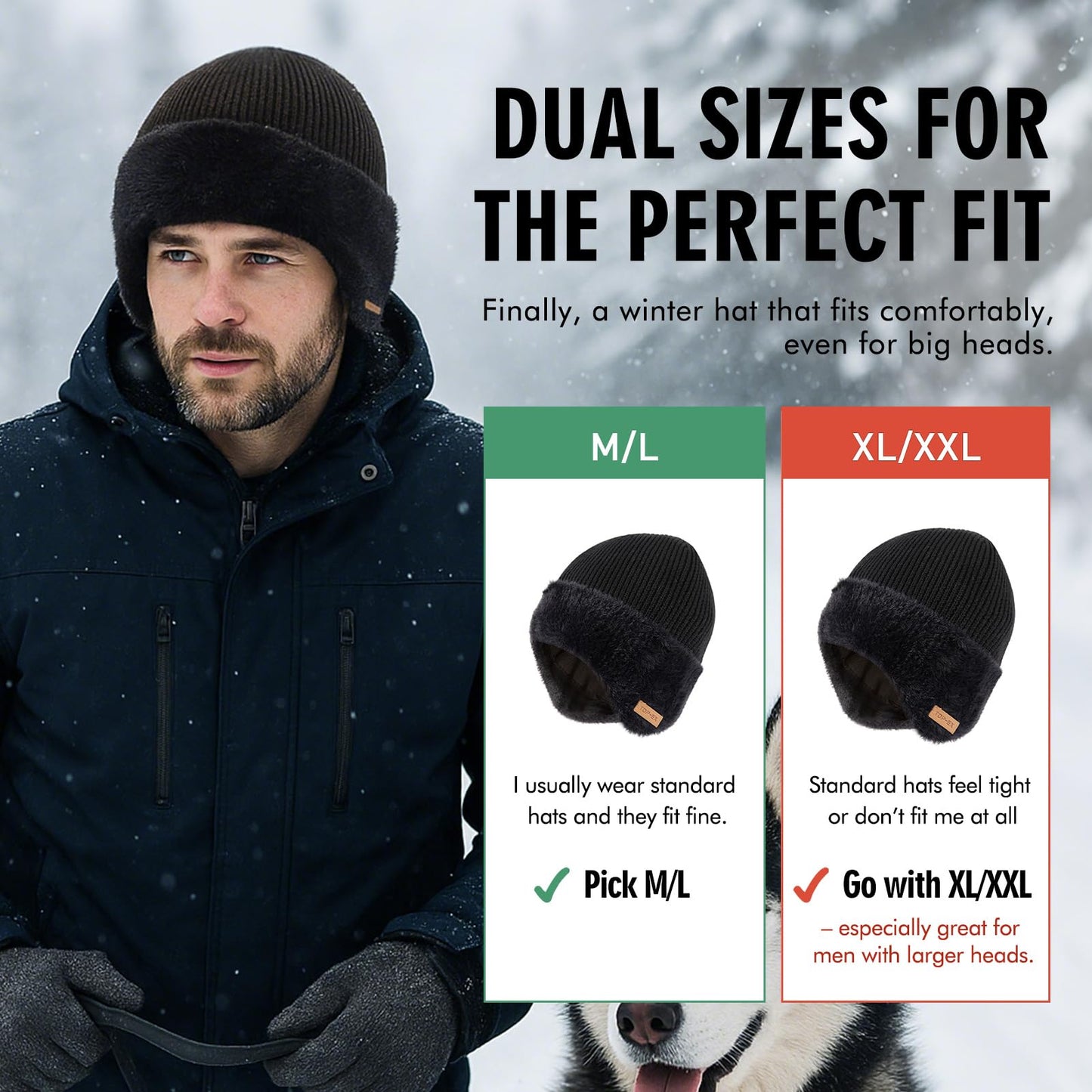 TOP-EX Winter Wool Beanie Hat with Ear Flap for Men Fleece Lined Waterproof Warm Cold Weather Thermal Knit Hat Snow Outdoors Gifts Big Head Grey X-Large XX-Large XL XXL