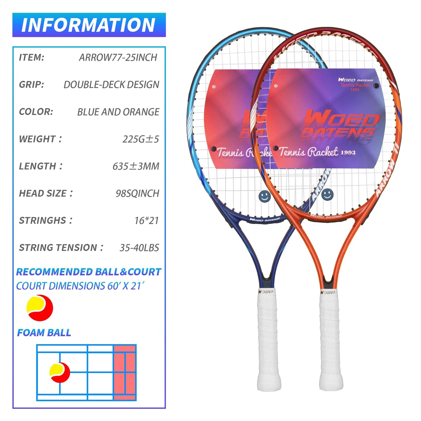 19" 23" 25" Kids Tennis Racket Junior/Youth Tennis Racquet with Tennis Ball Carry Bag Overgrips Vibrations Dampers…