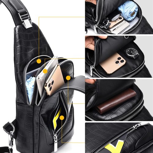 Leather Sling Bag Crossbody Daypack for Men Women Outdoor Travel Sports Camping Fishing Hiking Casual Shoulder Chest Pack (Black)