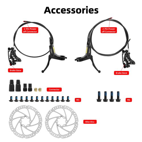 Hydraulic Disc Brake Set for E-bike, 4-Pistons 2-PIN Power-Off Pre-Bled with Mineral Oil Brakes Kit with 2Pcs 160mm 2.2mm Thick Rotors for eBike, Mountain Bike, Road Bike