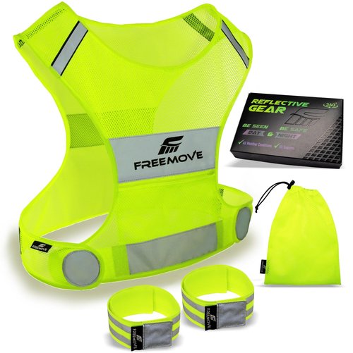 FREEMOVE Reflective Vest Running Gear + 2 Bands & Bag/Ultralight & Comfy Safety Vests with Front Zip Pocket > High Visibility Reflector > for Men, Women > Running, Dog Walking or Cycling