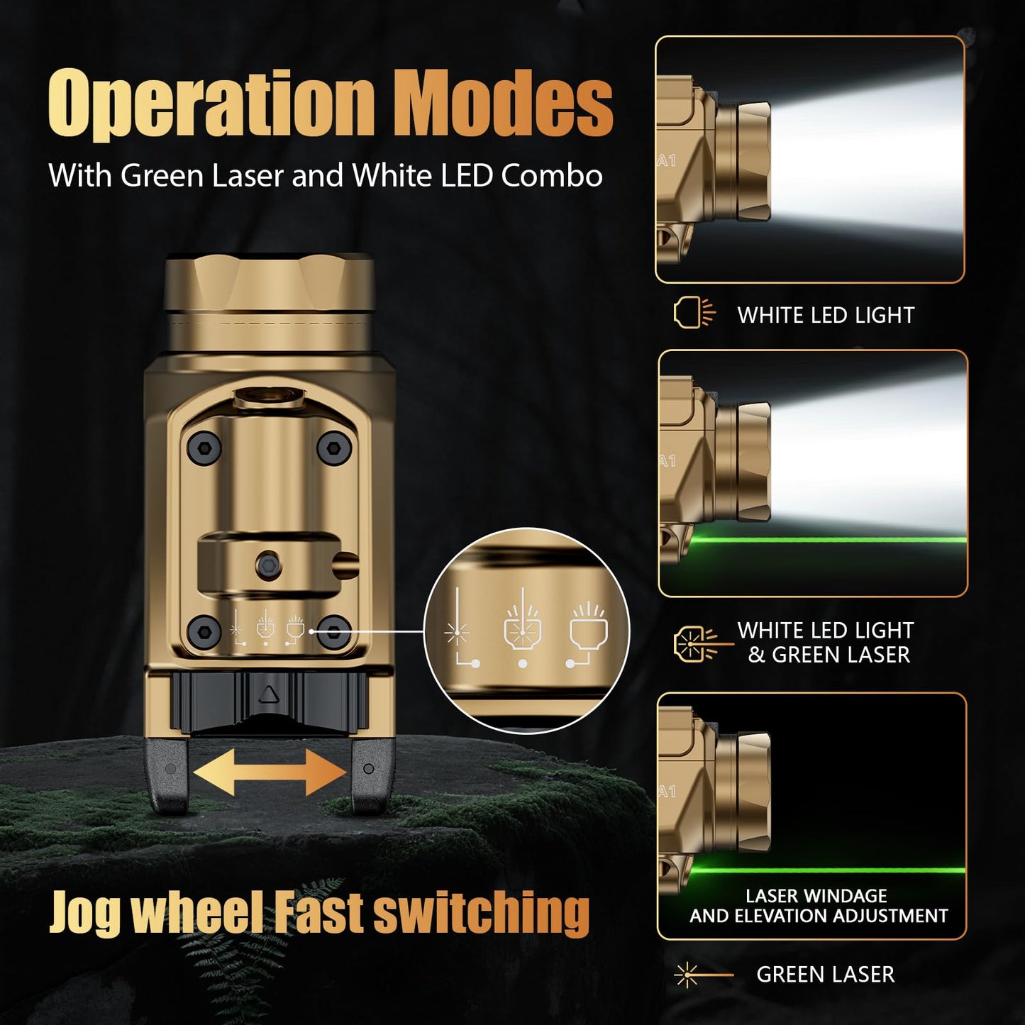 WARRIORLAND Compact MA1 800-Lumen Pistol Light FDE, Fits Glock 17/19 / 19X, P320/ Hellcat Pro/Echelon and Other 100+ Models, Green Laser White LED Combo, Tactical Flashlight with Battery Indicator