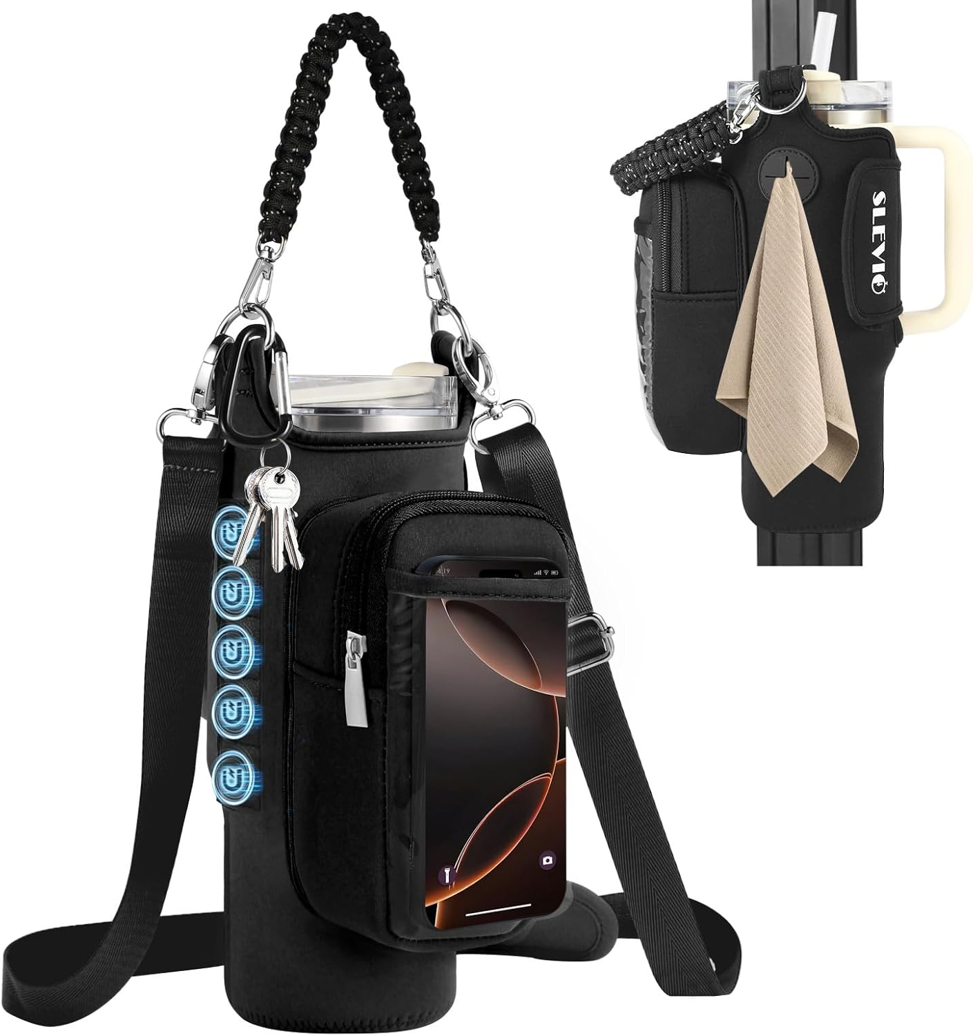 Skiennix Magnetic Gym Bag - Water Bottle Carrier Holder with Strap for Stanley - Compact Accessories Pouch