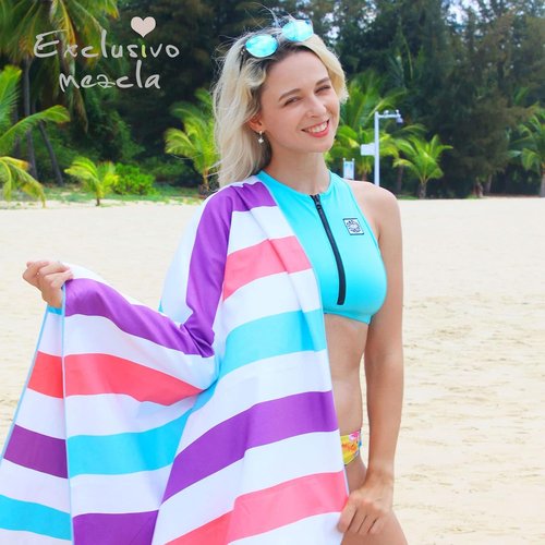 Exclusivo Mezcla Oversized Microfiber Quick-Dry Beach Towels - Lightweight & Sand-Free | Green & Purple, 35x70 Inches