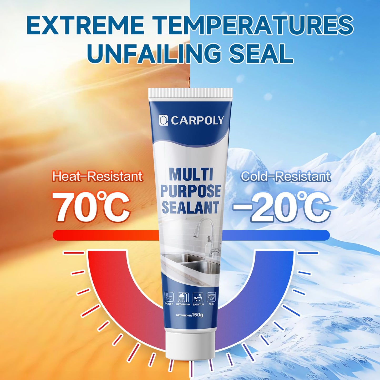 CARPOLY Silicone Caulk for Kitchen & Bathroom, Waterproof White Caulk for Sink, Toilets, Windows, Doors, Strong Adhesion, Shrink & Crack Proof,Long-Lasting(White, 5.29oz)