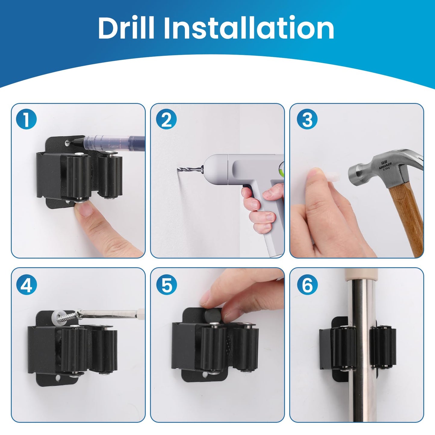 Yiows Broom Holder Wall Mount, 7PCS Broom Hanger Wall Mount, Stainless Steel Heavy Duty Mop Holder Broom Mop Hanger Wall with Screws, Garden Outdoor Tool Organizer Rack Broom Hanger (Black)