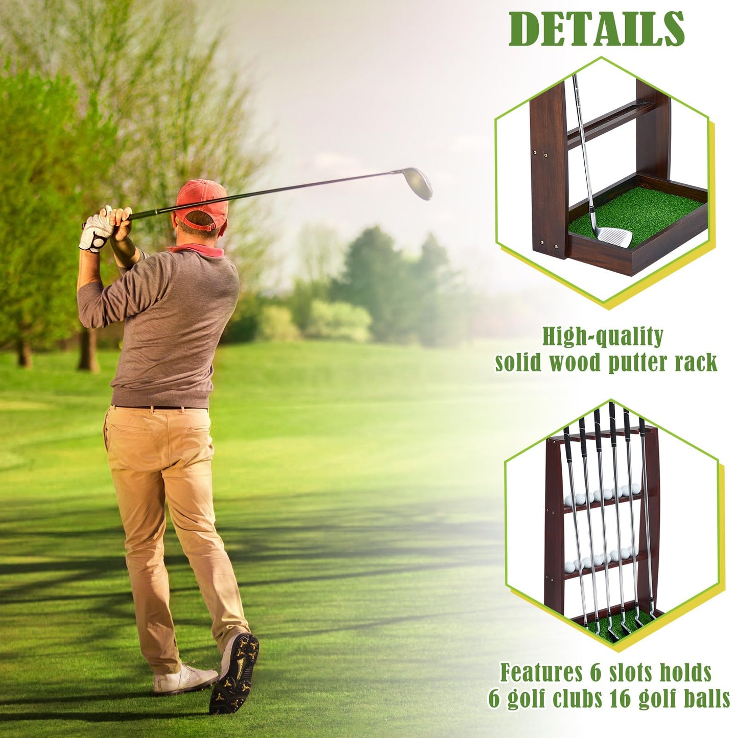 Lenwen Golf Putter Stand Wooden Display Rack Golf Club Holder Stand Floor Display Rack Club Organizer for Storage Sports Indoor Home Office Simulator(Hold 6 Clubs 16 Balls Storage,Fresh,Brown)