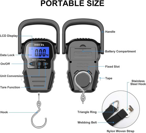 HEETA Digital Fish Scale - Backlit LCD Display, 110lb Capacity, Includes Hook & Measuring Tape