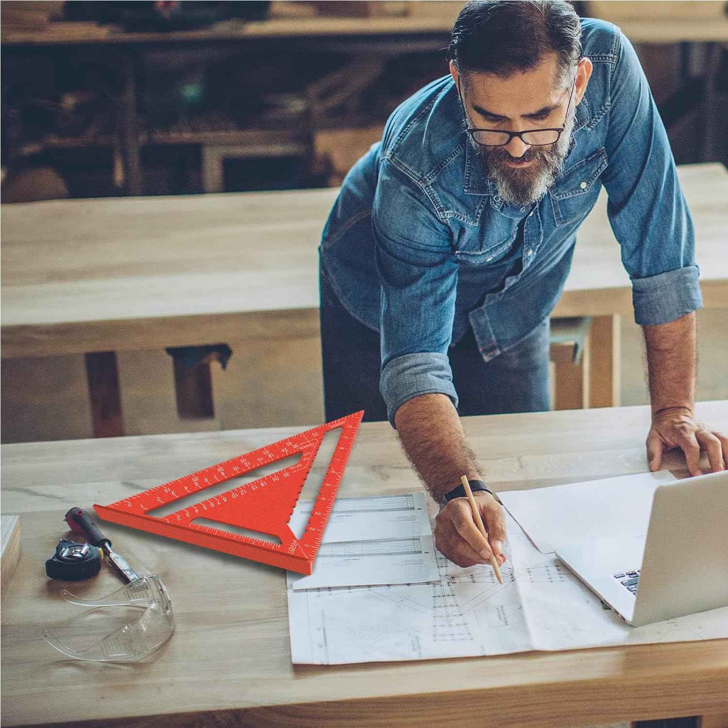 Beslands Aluminum 12-inch Rafter Square Carpenter Measuring Layout Tool Alloy Metal Triangle Ruler Imperial Protractor for Woodworking and Carpentry Red