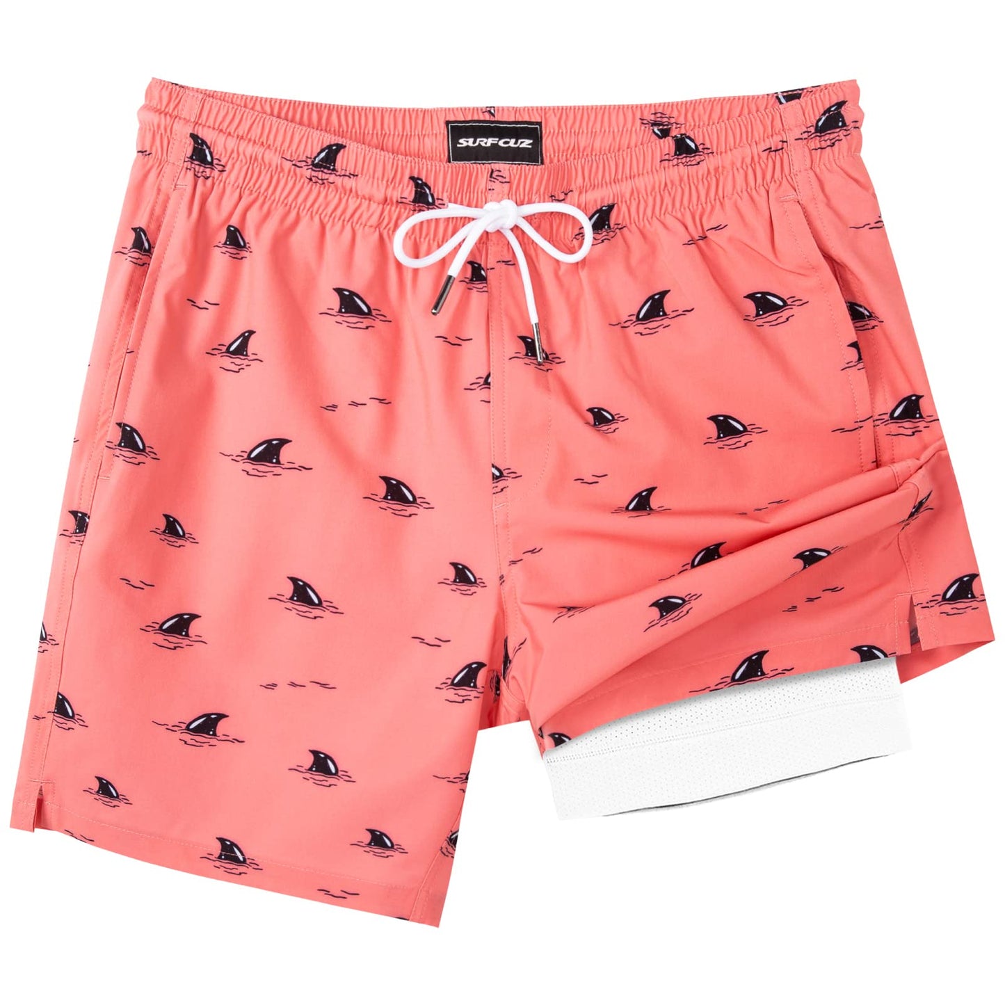 SURF CUZ Mens Swim Trunks with Compression Liner Quick Dry Swim Shorts 7" Swimming Trunks Stretch Zipper Pockets Pink Hidden Sharks Large