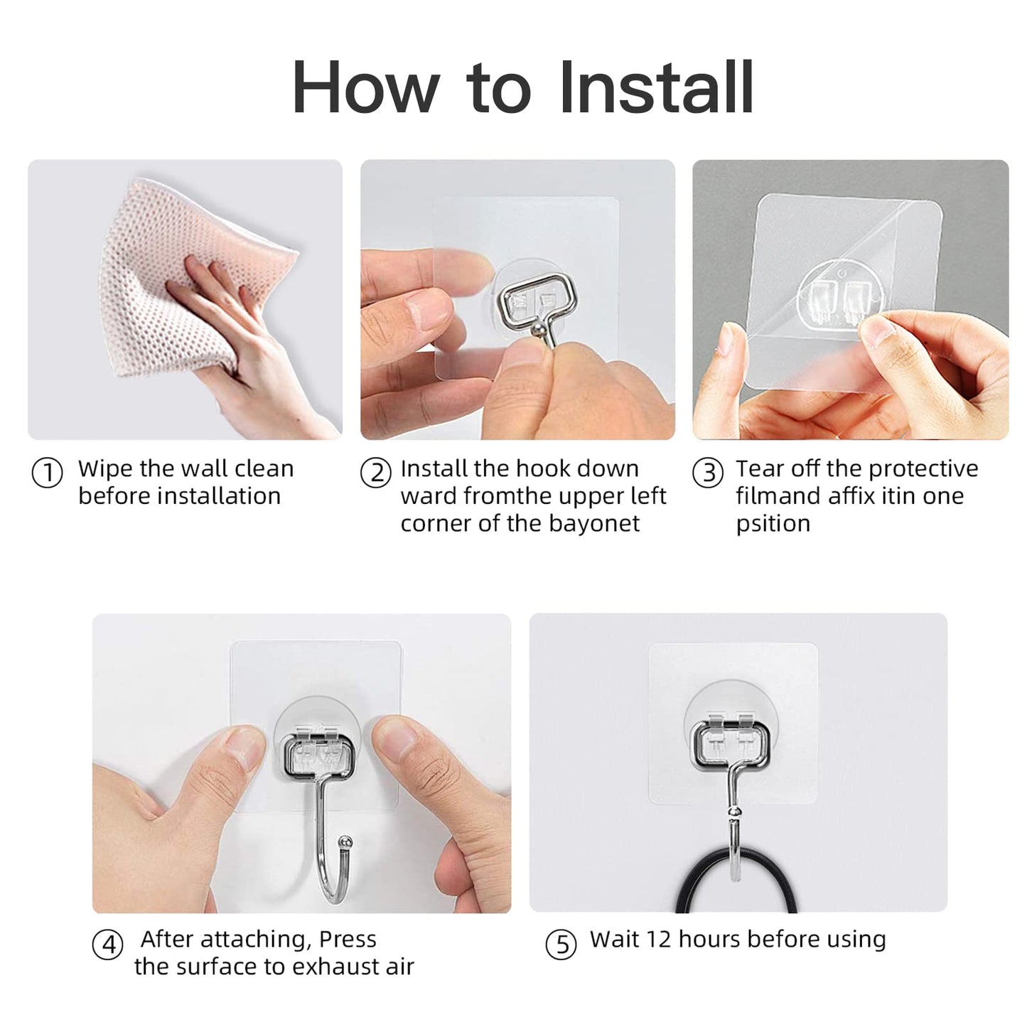 12 Pack Large Adhesive Hooks for 44 lb(Max) Hanging Heavy Duty, Self Adhesive Sticky Hooks Waterproof Stainless Steel Wall Hook for Home Bathroom Shower Kitchen Outdoor Utility Hooks