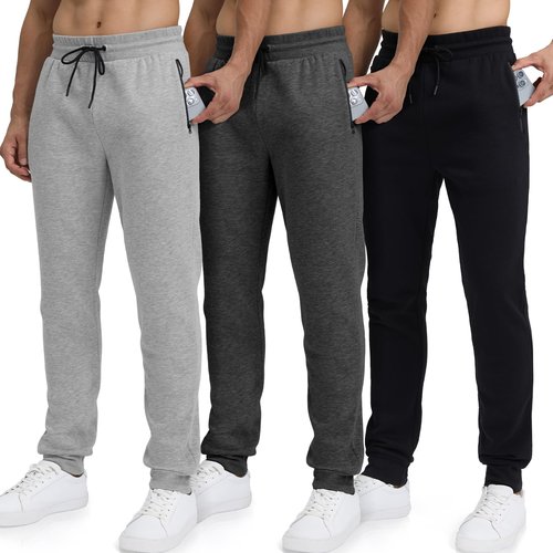 Loofure Sweatpants for Men Fleece 3 Pack Joggers Gym Workout Athletic Track Mens Sweat Pants Cotton with Zipper Pockets
