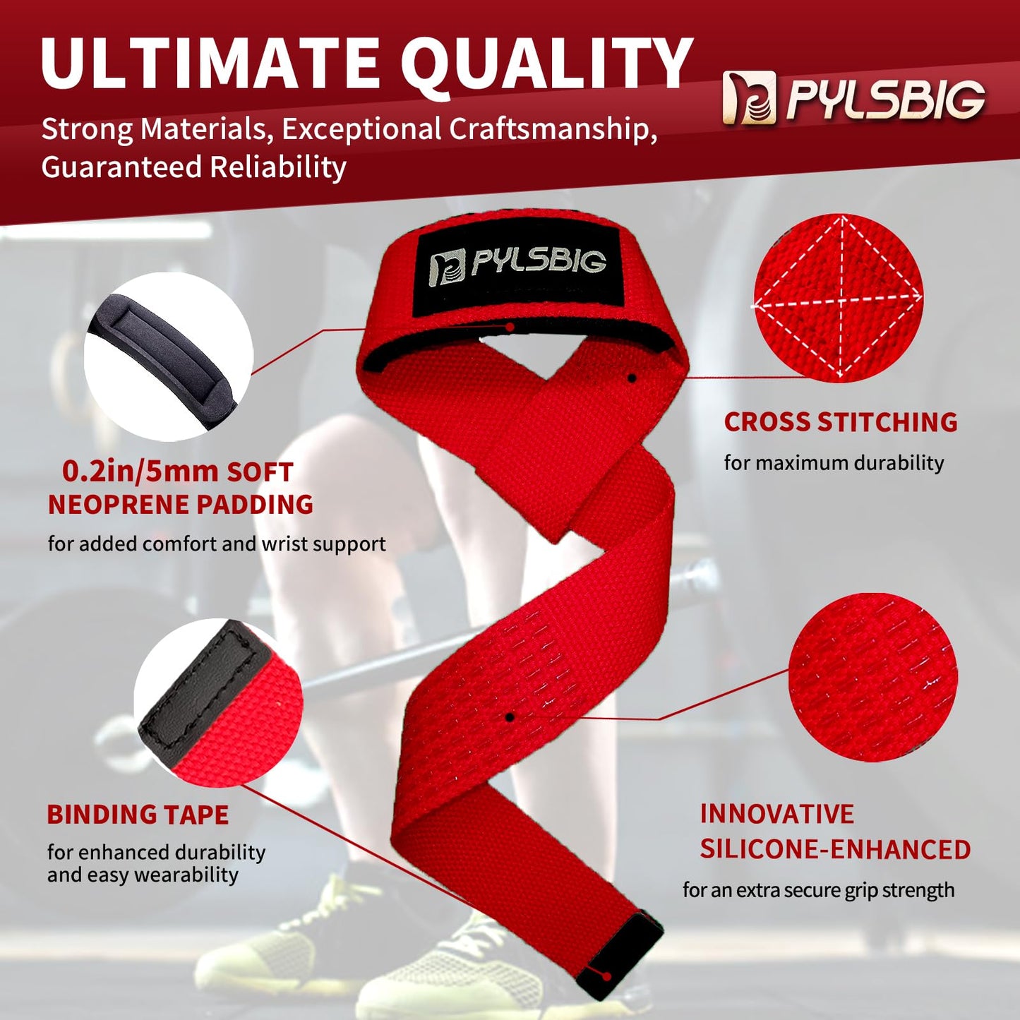 PYLSBIG Lifting Straps, wrist straps for weightlifting, workout, Bodybuilding, Powerlifting & Deadlift -With 5mm Neoprene Pads & Non-Slip Silicone -Extra Wrist Support for Weight lifting Men & Women