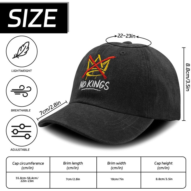 No Kings Hat, No Kings in America Political Hat Men Women, Adjustable Washed Cotton Baseball Caps