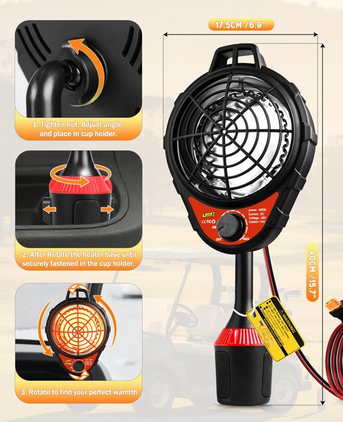 UNIGT 48V Golf Cart Heater Electric with Infinite Temperature Adjustment, 400W 2-Second Fast Heating Battery Operated Heaters Carbon Fiber for Club Car/Yamaha/EZGO, Golf Cart Accessories - Red