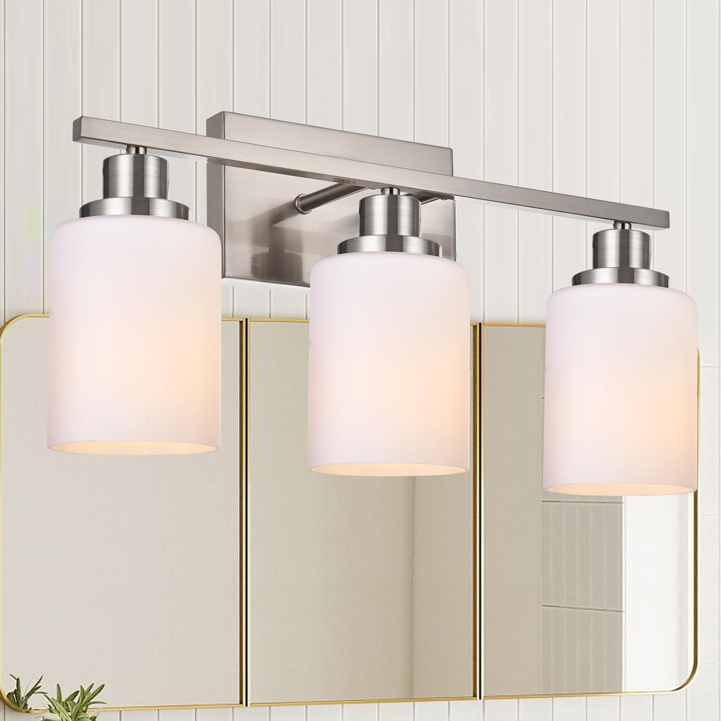 Wanluce 3-Light Bathroom Vanity Light Brushed Nickel Bathroom Lighting Fixtures Over Mirror with Opal White Glass Shade, Polished Nickel Finish Vanity Wall Sconces Fixtures for Bedroom Living Room